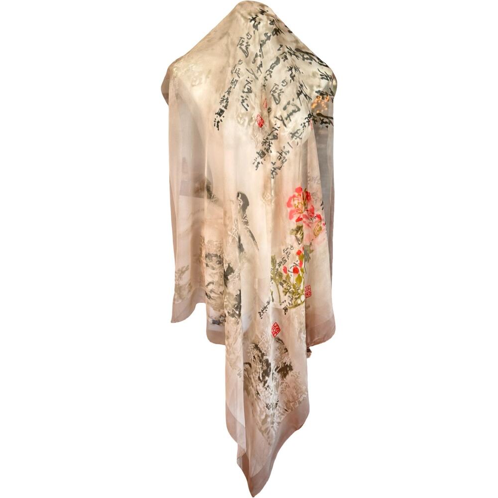 Vintage 1990s Asian Watercolor Calligraphy Silk Chiffon Scarf 40x42 - Picture 3 of 14